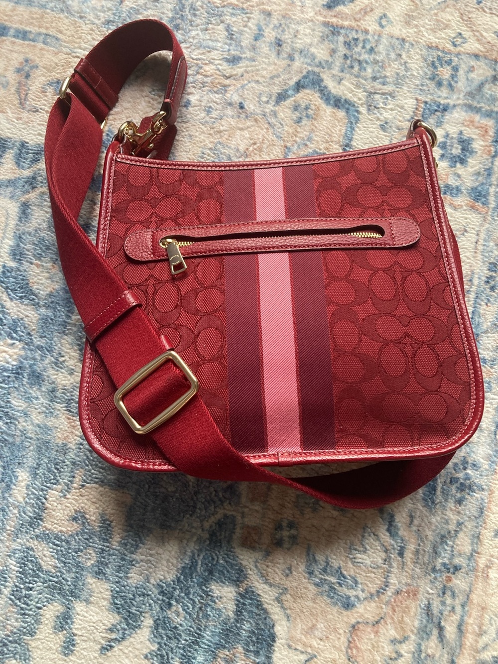 Coach Dempsey Red Signature Stripe Crossbody with Pink Accent - Picture 5 of 6